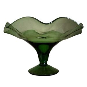 Vintage Fruit Bowl with Green Glass 10" diameter Ruffled Edge Pedestal